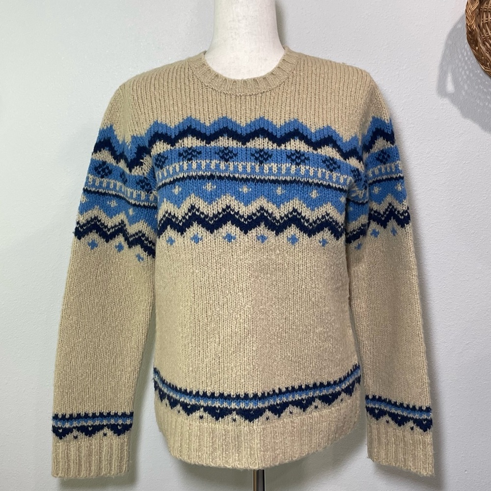 Fair Isle Abercrombie & Fitch Beige Blue Wool Blend Sweater Vtg Women’s Medium
